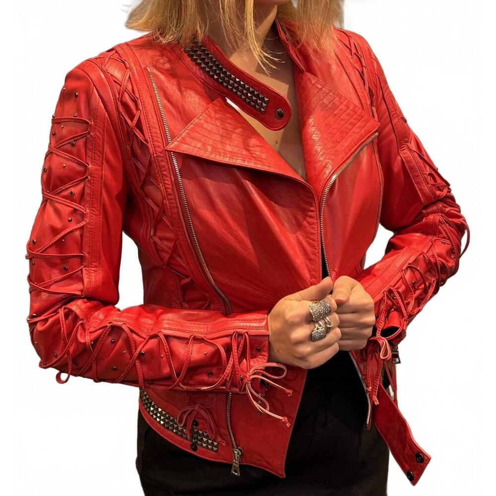 NEW KIPPYS laced heart leather moto jacket in red
